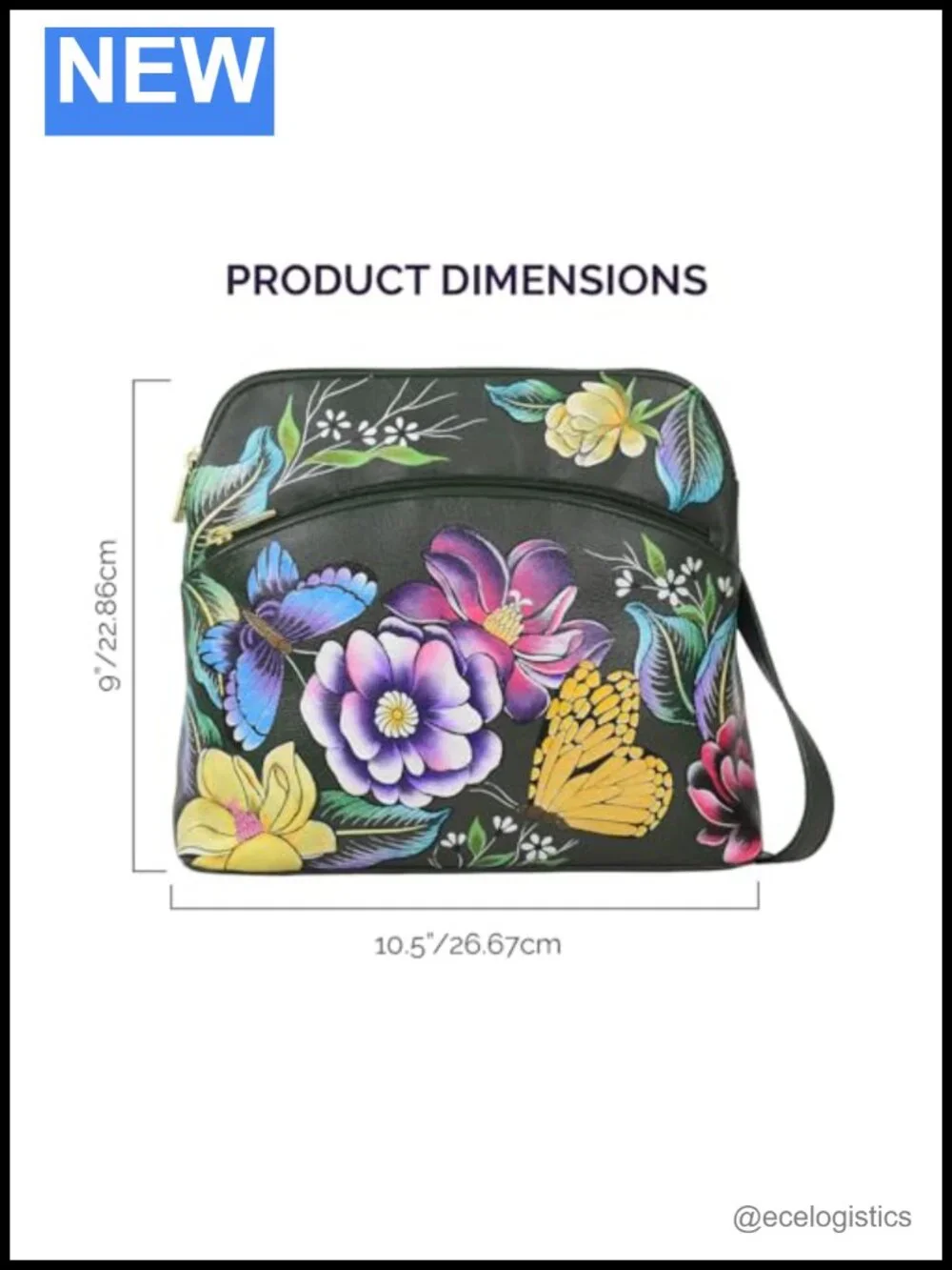 Hand-Painted Genuine Leather Medium Crossbody with Floral Butterfly Art